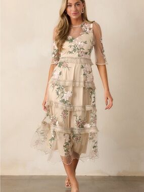 Red Dress Boutique Beige Midi Dress with Pink & Green Floral Embroidery